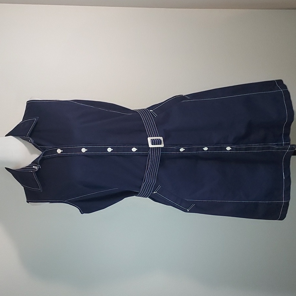 Isaac Mizrahi Navy Blue White Stitch Cotton Belted Button Down Pockets Dress L